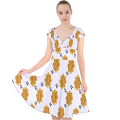 Flowers-gold-white Cap Sleeve Front Wrap Midi Dress