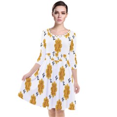 Flowers-gold-white Quarter Sleeve Waist Band Dress by nate14shop