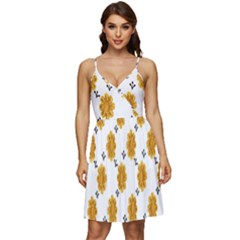 Flowers-gold-white V-neck Pocket Summer Dress 