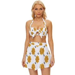 Flowers-gold-white Vintage Style Bikini Top And Skirt Set 