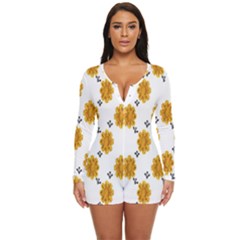 Flowers-gold-white Long Sleeve Boyleg Swimsuit