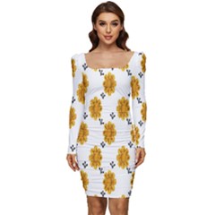 Flowers-gold-white Women Long Sleeve Ruched Stretch Jersey Dress