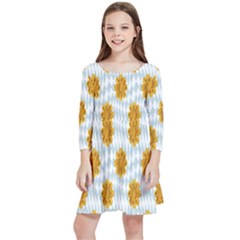 Flowers-gold-blue Kids  Quarter Sleeve Skater Dress