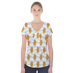 Flowers-gold-blue Short Sleeve Front Detail Top