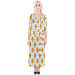 Flowers-gold-blue Quarter Sleeve Wrap Maxi Dress