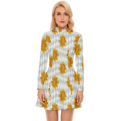 Flowers-gold-blue Long Sleeve Velour Longline Dress by nate14shop