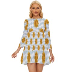 Flowers-gold-blue Long Sleeve Babydoll Dress