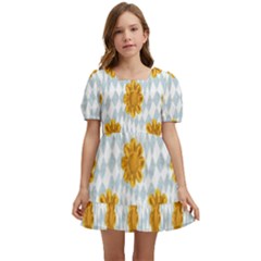 Flowers-gold-blue Kids  Short Sleeve Dolly Dress