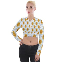 Flowers-gold-blue Long Sleeve Cropped Velvet Jacket by nate14shop