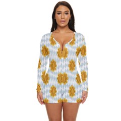 Flowers-gold-blue Long Sleeve Boyleg Swimsuit