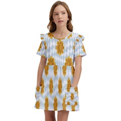 Flowers-gold-blue Kids  Frilly Sleeves Pocket Dress