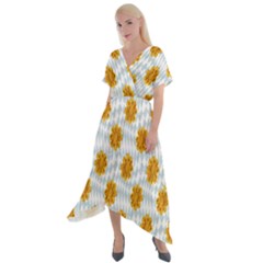 Flowers-gold-blue Cross Front Sharkbite Hem Maxi Dress