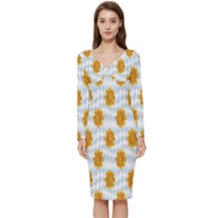 Flowers-gold-blue Long Sleeve V-neck Bodycon Dress 