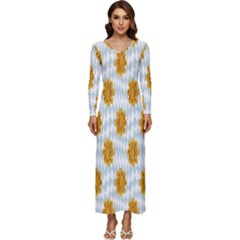 Flowers-gold-blue Long Sleeve Velour Longline Maxi Dress