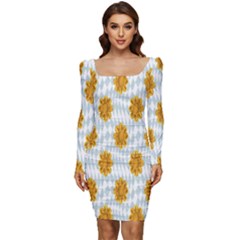 Flowers-gold-blue Women Long Sleeve Ruched Stretch Jersey Dress