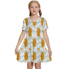 Flowers-gold-blue Kids  Short Sleeve Tiered Mini Dress