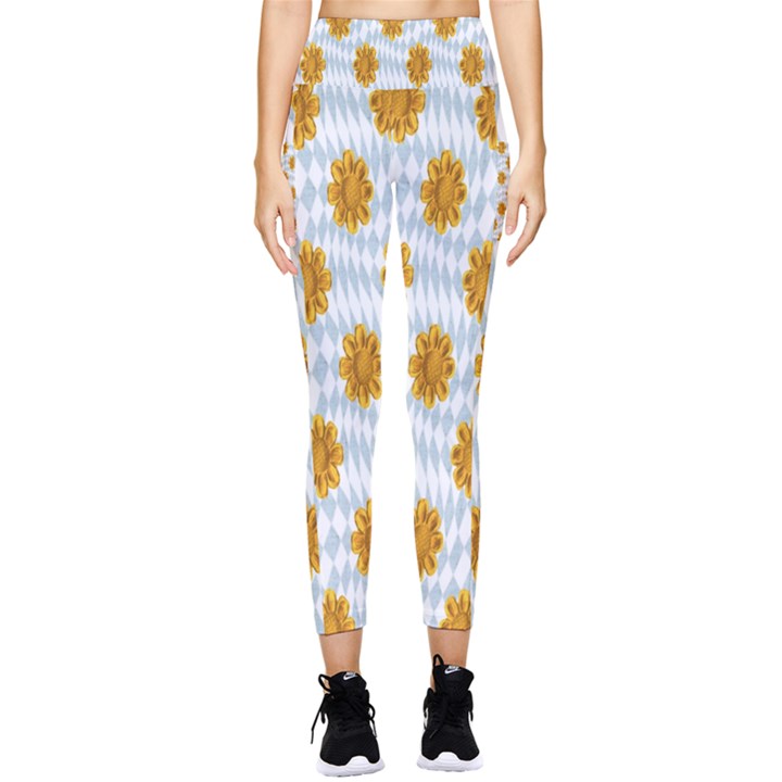 Flowers-gold-blue Pocket Leggings 