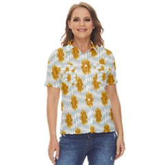 Flowers-gold-blue Women s Short Sleeve Double Pocket Shirt