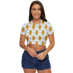 Flowers-gold-blue Side Button Cropped Tee