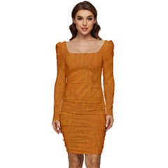 Orange Women Long Sleeve Ruched Stretch Jersey Dress