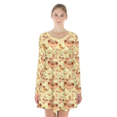 Hot-dog-pizza Long Sleeve Velvet V-neck Dress