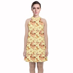 Hot-dog-pizza Velvet Halter Neckline Dress 