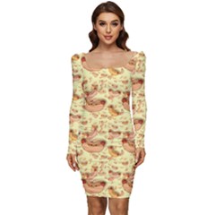 Hot-dog-pizza Women Long Sleeve Ruched Stretch Jersey Dress