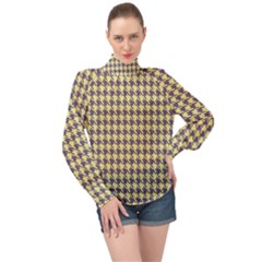 Houndstooth High Neck Long Sleeve Chiffon Top by nate14shop