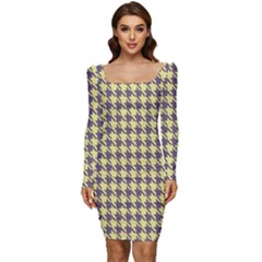 Houndstooth Women Long Sleeve Ruched Stretch Jersey Dress