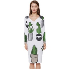 Succulents Long Sleeve V-neck Bodycon Dress 