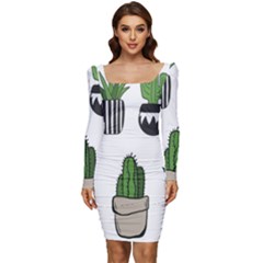 Succulents Women Long Sleeve Ruched Stretch Jersey Dress