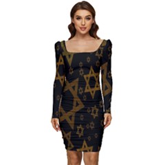 Star-of-david Women Long Sleeve Ruched Stretch Jersey Dress