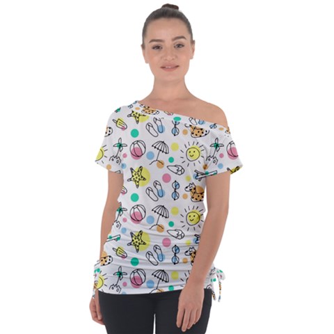 Drawing Pattern Off Shoulder Tie-up Tee by artworkshop