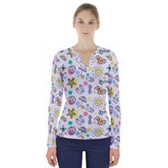 Drawing Pattern V-neck Long Sleeve Top by artworkshop