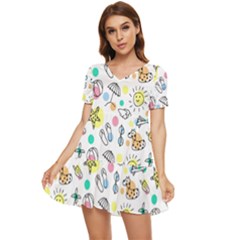 Drawing Pattern Tiered Short Sleeve Babydoll Dress