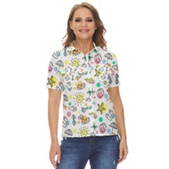 Drawing Pattern Women s Short Sleeve Double Pocket Shirt