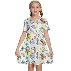 Drawing Pattern Kids  Short Sleeve Tiered Mini Dress