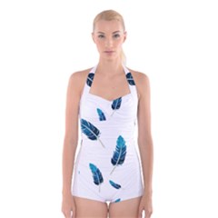 Feather Bird Boyleg Halter Swimsuit  by artworkshop