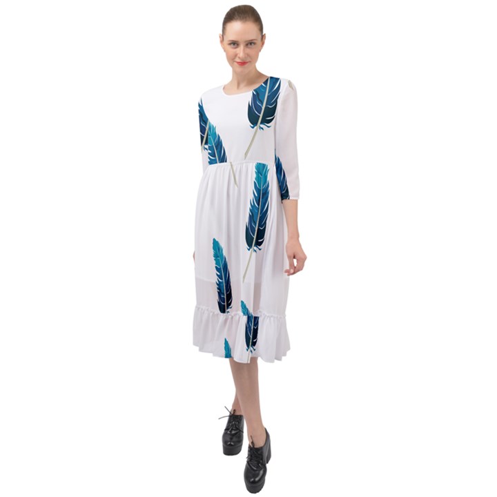 Feather Bird Ruffle End Midi Chiffon Dress