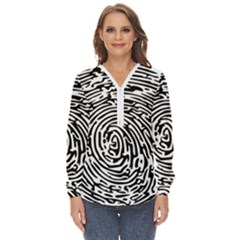 Fingerprint Zip Up Long Sleeve Blouse