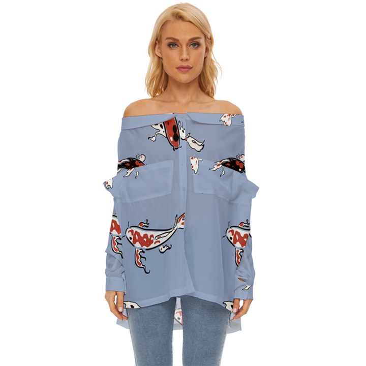 Fish Carp Koi Koi Off Shoulder Chiffon Pocket Shirt