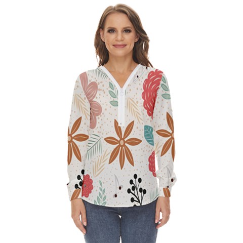 Nature Flora Zip Up Long Sleeve Blouse by artworkshop