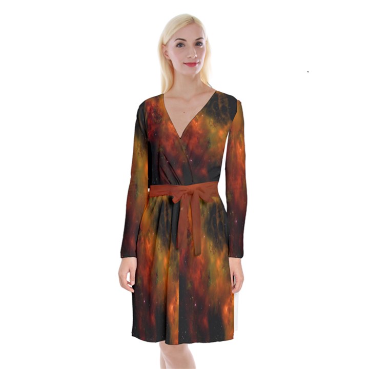 Space Science Long Sleeve Velvet Front Wrap Dress