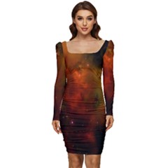 Space Science Women Long Sleeve Ruched Stretch Jersey Dress