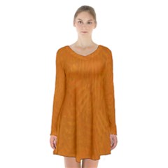 Orange Long Sleeve Velvet V-neck Dress