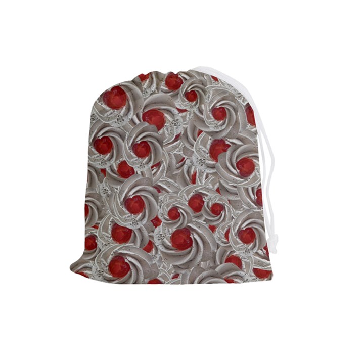 Cream With Cherries Motif Random Pattern Drawstring Pouch (Large)