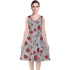 Cream With Cherries Motif Random Pattern V-neck Midi Sleeveless Dress  by dflcprintsclothing