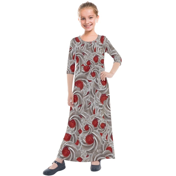 Cream With Cherries Motif Random Pattern Kids  Quarter Sleeve Maxi Dress