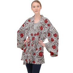 Cream With Cherries Motif Random Pattern Long Sleeve Velvet Kimono  by dflcprintsclothing