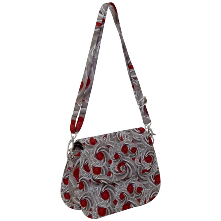 Cream With Cherries Motif Random Pattern Saddle Handbag